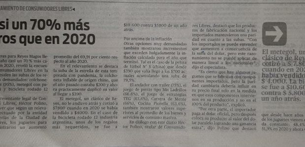 Diario Popular Edición Impresa 6/1/21 Los juguetes para Reyes Magos llegan casi un 70% más caros que en 2020, reveló el informe de Consumidores Libres.  