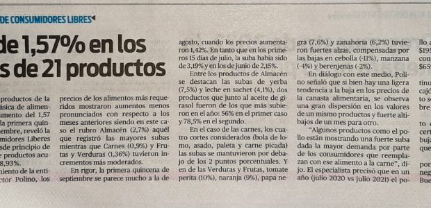17/9/21 Diario Popular Edición Impresa: Suba de 1,57% en los precios de 21 productos. 