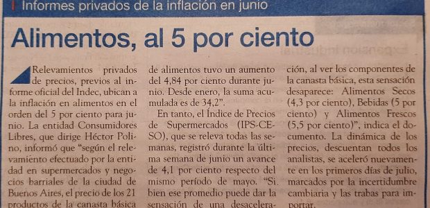 8/7/22 Nota: Página 12 Alimentos, al 5 por ciento. La entidad Consumidores Libres, que dirige Héctor Polino, informó que la canasta básica de alimentos aumentó un 4,84% durante junio.