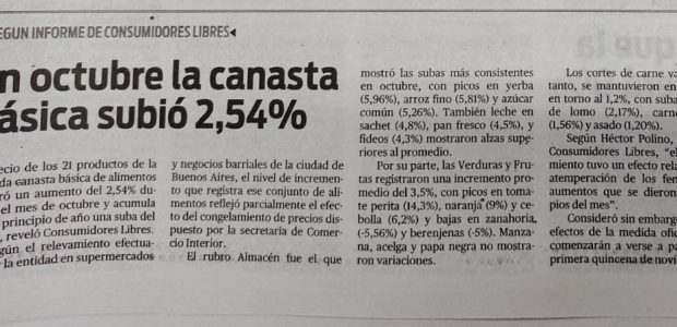 3/11/21 Diario popular edición impresa: En octubre la canasta básica subió 2,54%.